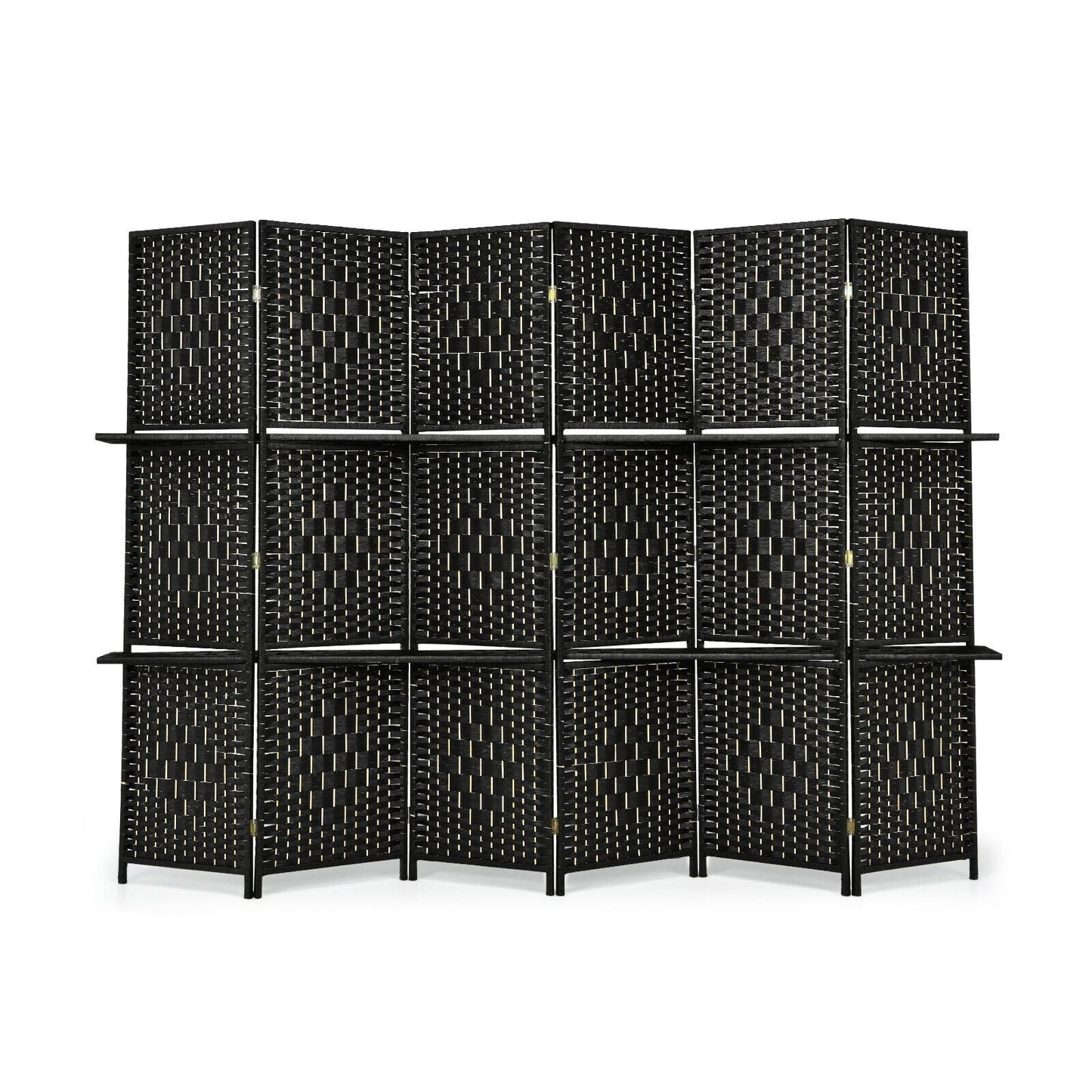 6 Panel Folding Weave Fiber Room Divider with 2 Display Shelves , Black Room Dividers   at Gallery Canada