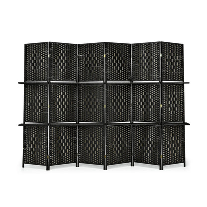 6 Panel Folding Weave Fiber Room Divider with 2 Display Shelves , Black - Gallery Canada