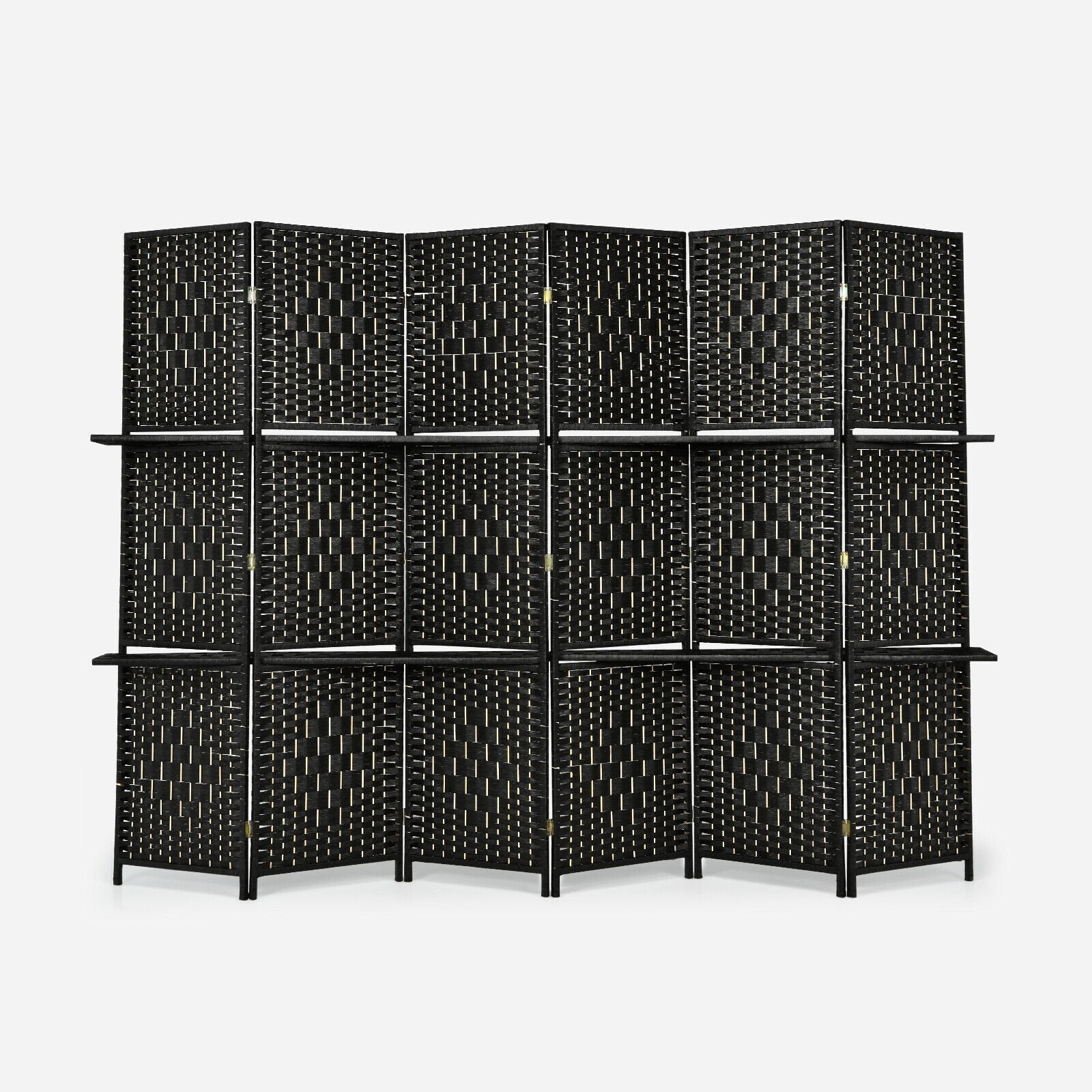 6 Panel Folding Weave Fiber Room Divider with 2 Display Shelves , Black Room Dividers   at Gallery Canada