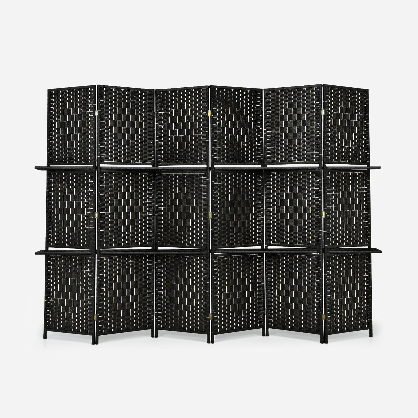 6 Panel Folding Weave Fiber Room Divider with 2 Display Shelves , Black - Gallery Canada