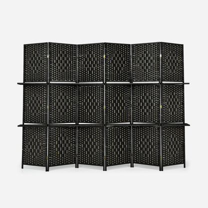 6 Panel Folding Weave Fiber Room Divider with 2 Display Shelves , Black - Gallery Canada