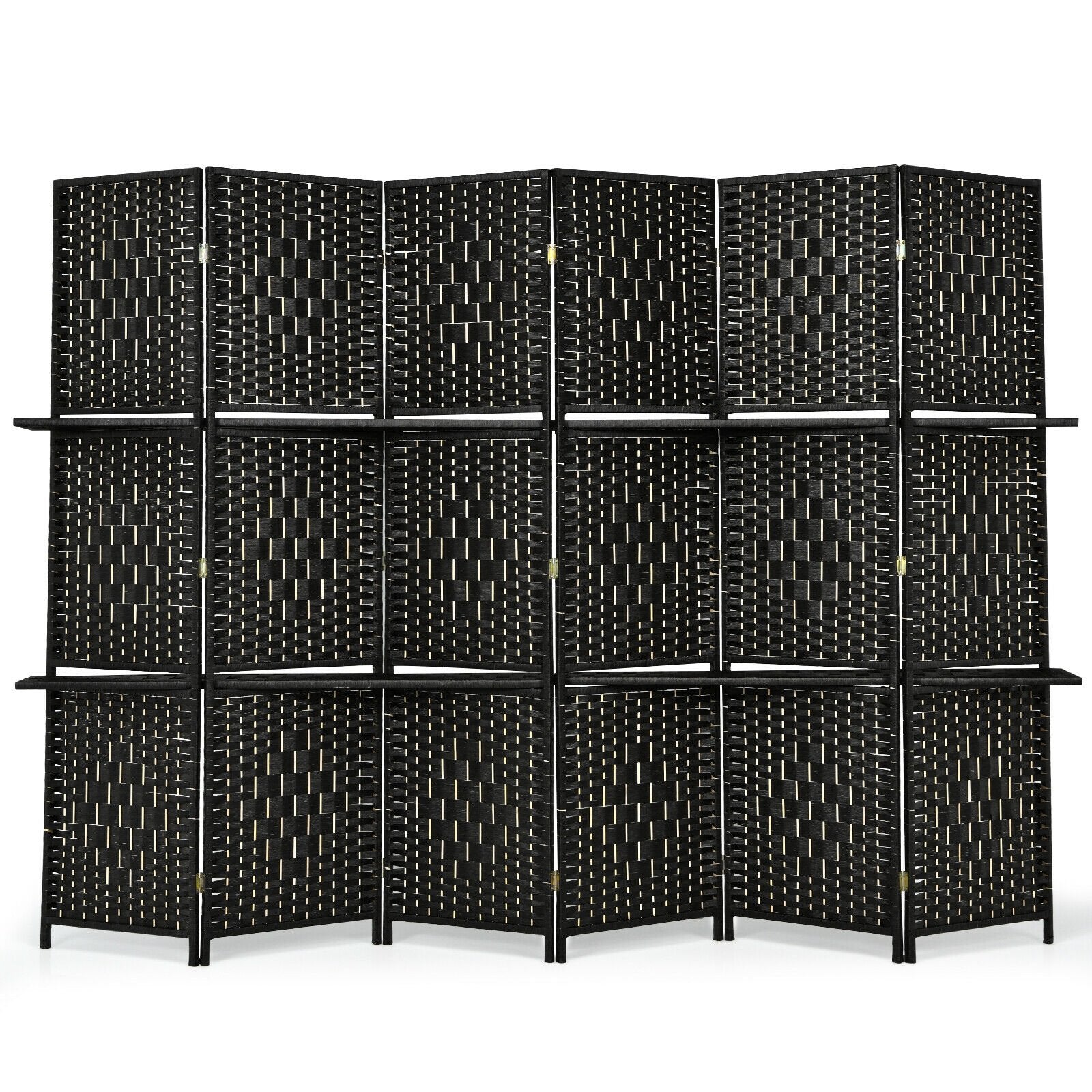 6 Panel Folding Weave Fiber Room Divider with 2 Display Shelves , Black Room Dividers   at Gallery Canada