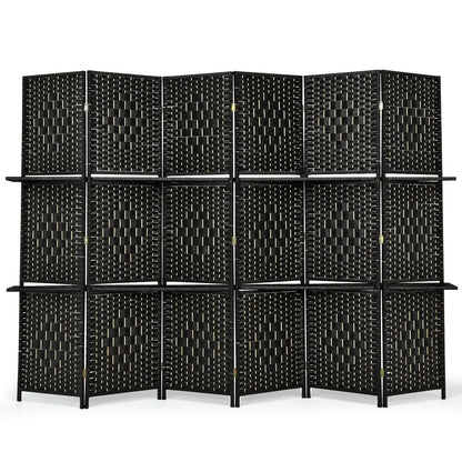 6 Panel Folding Weave Fiber Room Divider with 2 Display Shelves , Black - Gallery Canada