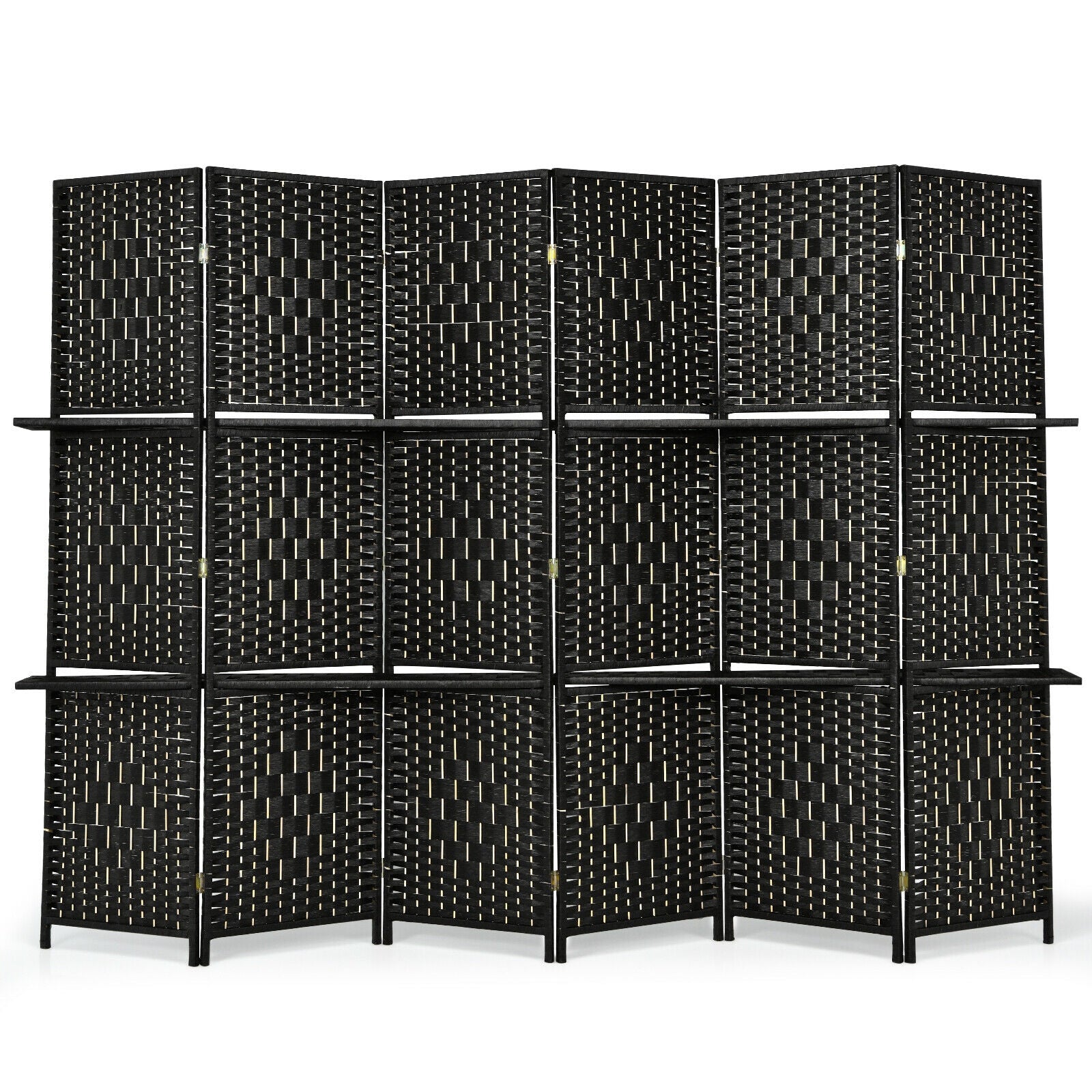 6 Panel Folding Weave Fiber Room Divider with 2 Display Shelves , Black Room Dividers at Gallery Canada
