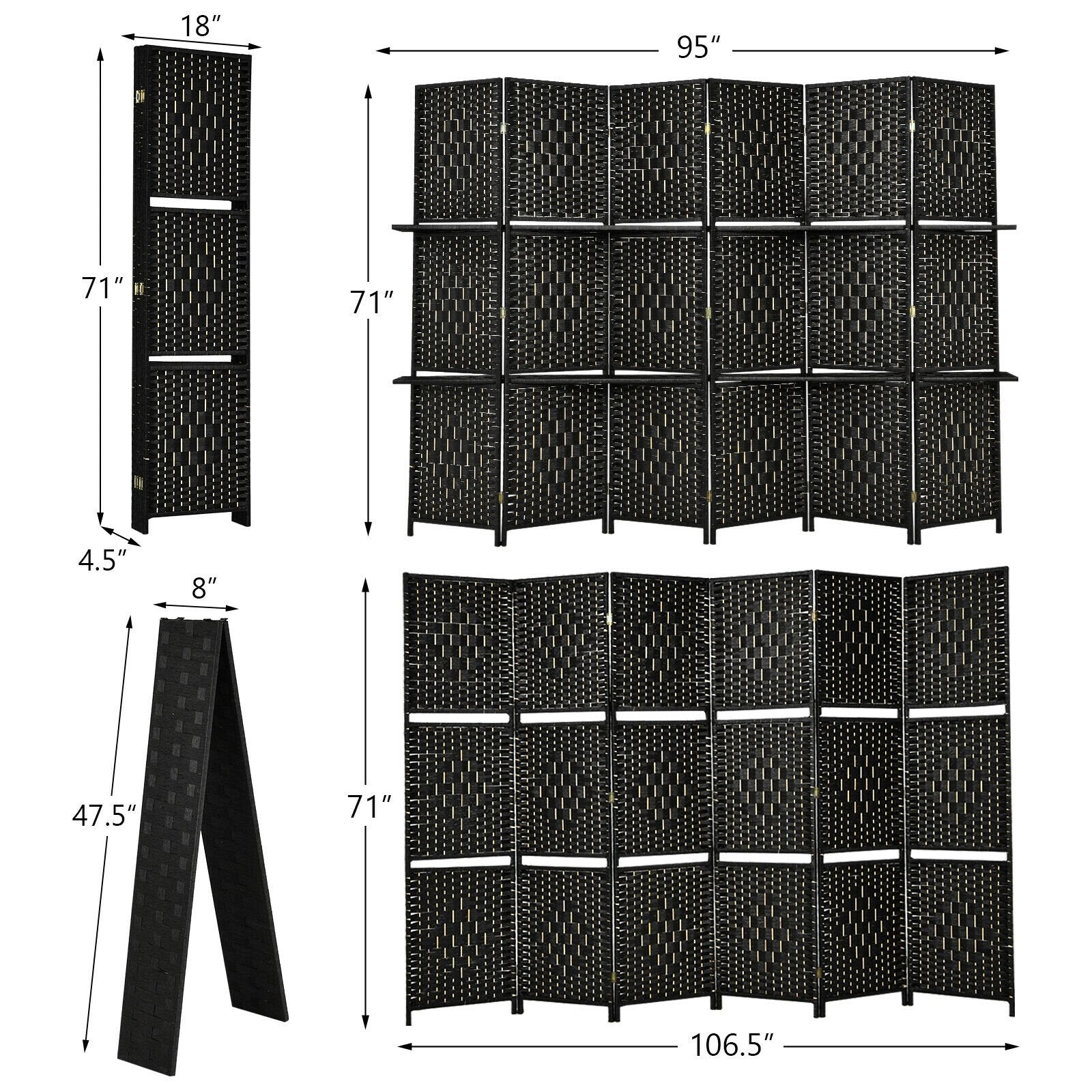 6 Panel Folding Weave Fiber Room Divider with 2 Display Shelves , Black - Gallery Canada