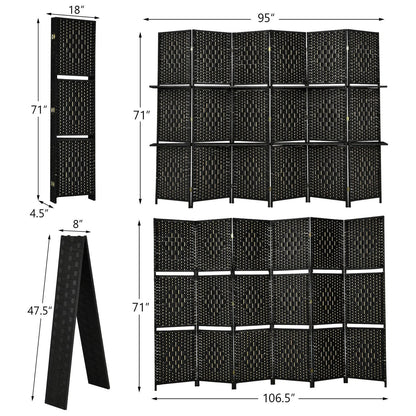 6 Panel Folding Weave Fiber Room Divider with 2 Display Shelves , Black Room Dividers   at Gallery Canada