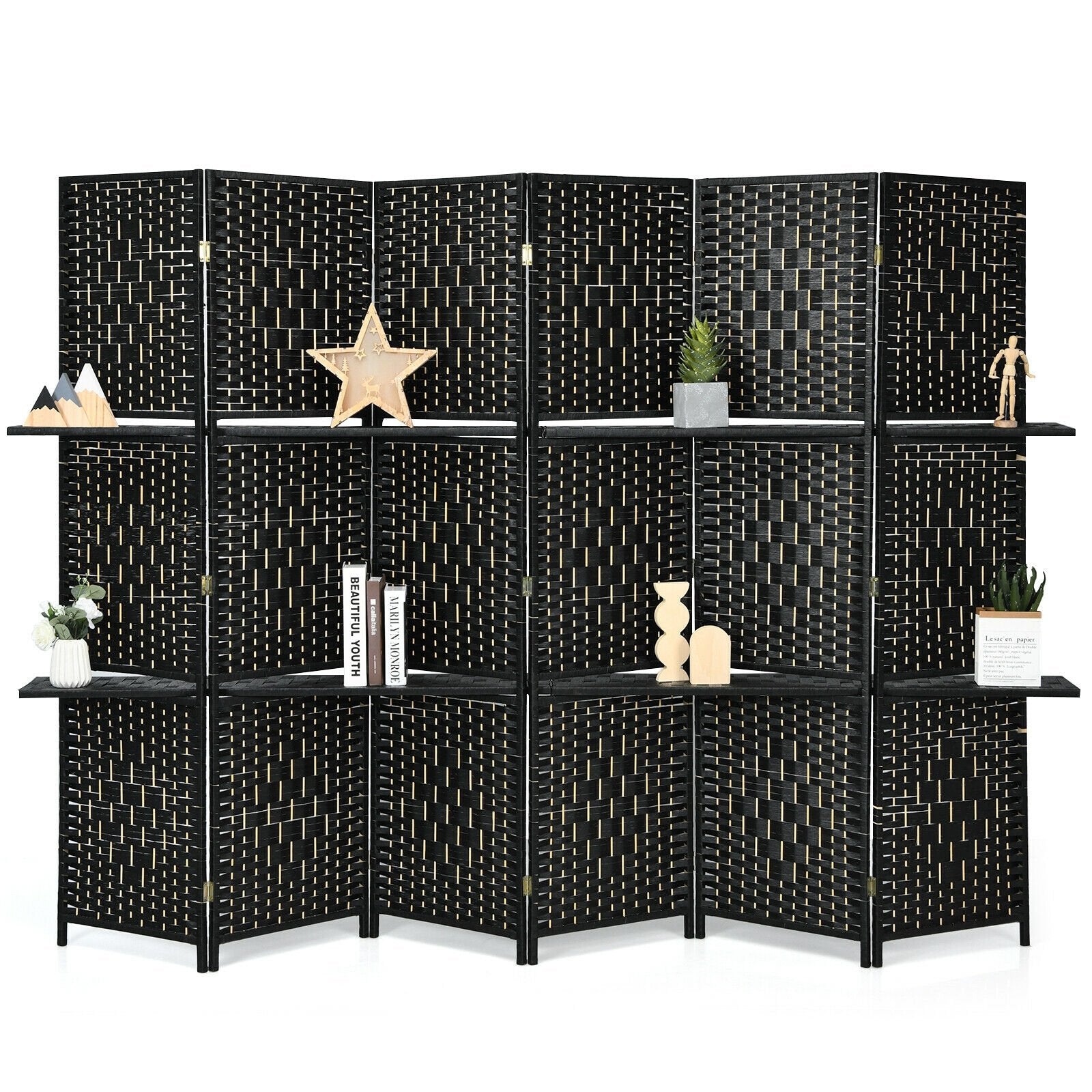 6 Panel Folding Weave Fiber Room Divider with 2 Display Shelves , Black Room Dividers   at Gallery Canada