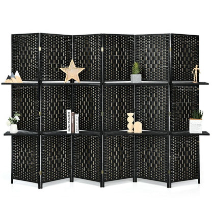 6 Panel Folding Weave Fiber Room Divider with 2 Display Shelves , Black - Gallery Canada