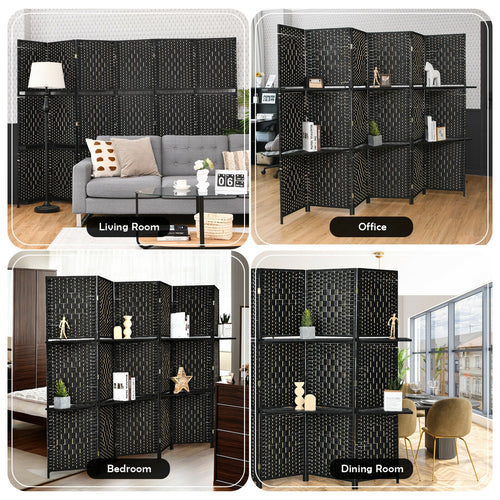6 Panel Folding Weave Fiber Room Divider with 2 Display Shelves , Black
