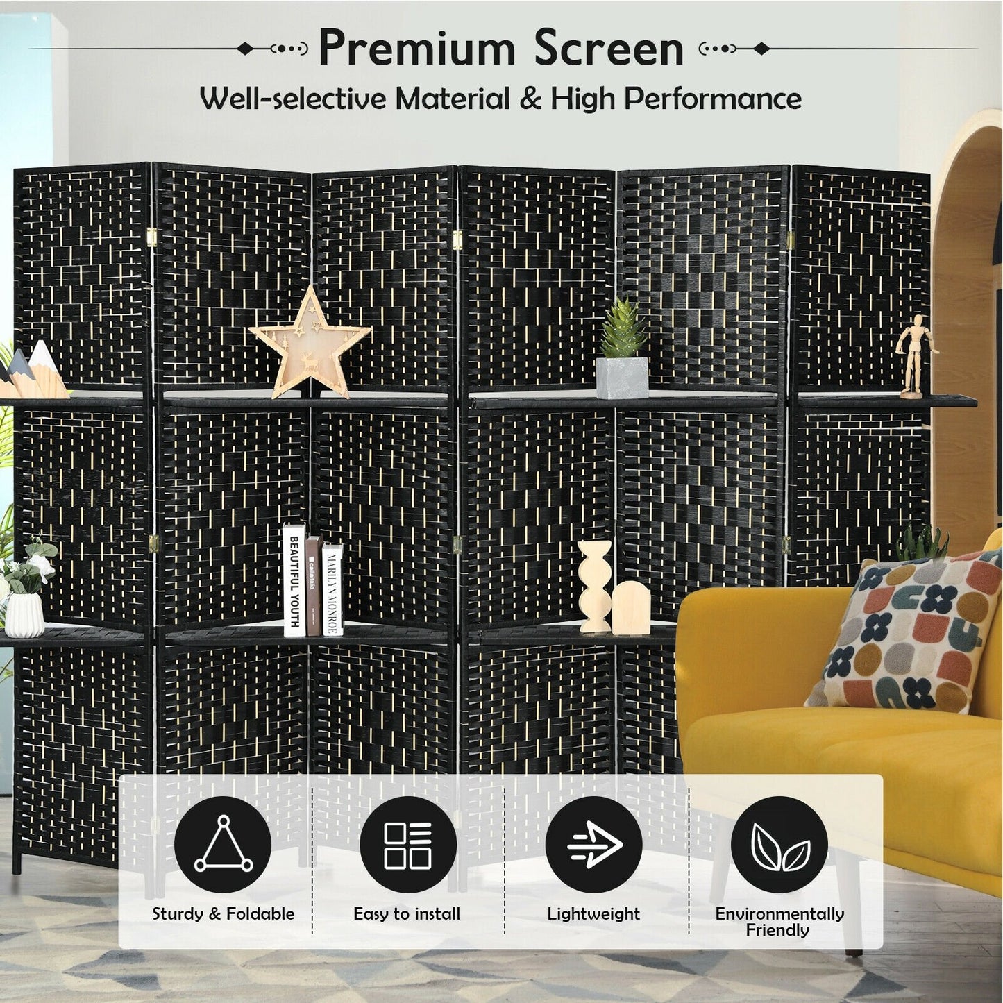 6 Panel Folding Weave Fiber Room Divider with 2 Display Shelves , Black - Gallery Canada