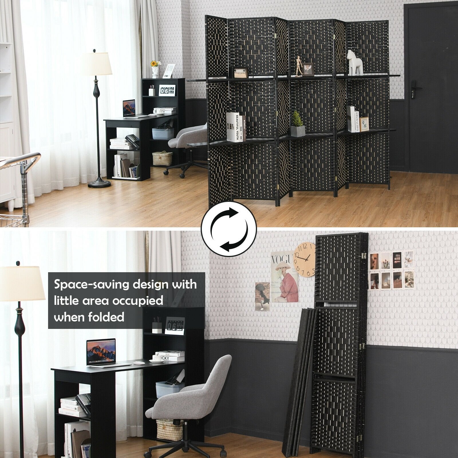 6 Panel Folding Weave Fiber Room Divider with 2 Display Shelves , Black - Gallery Canada