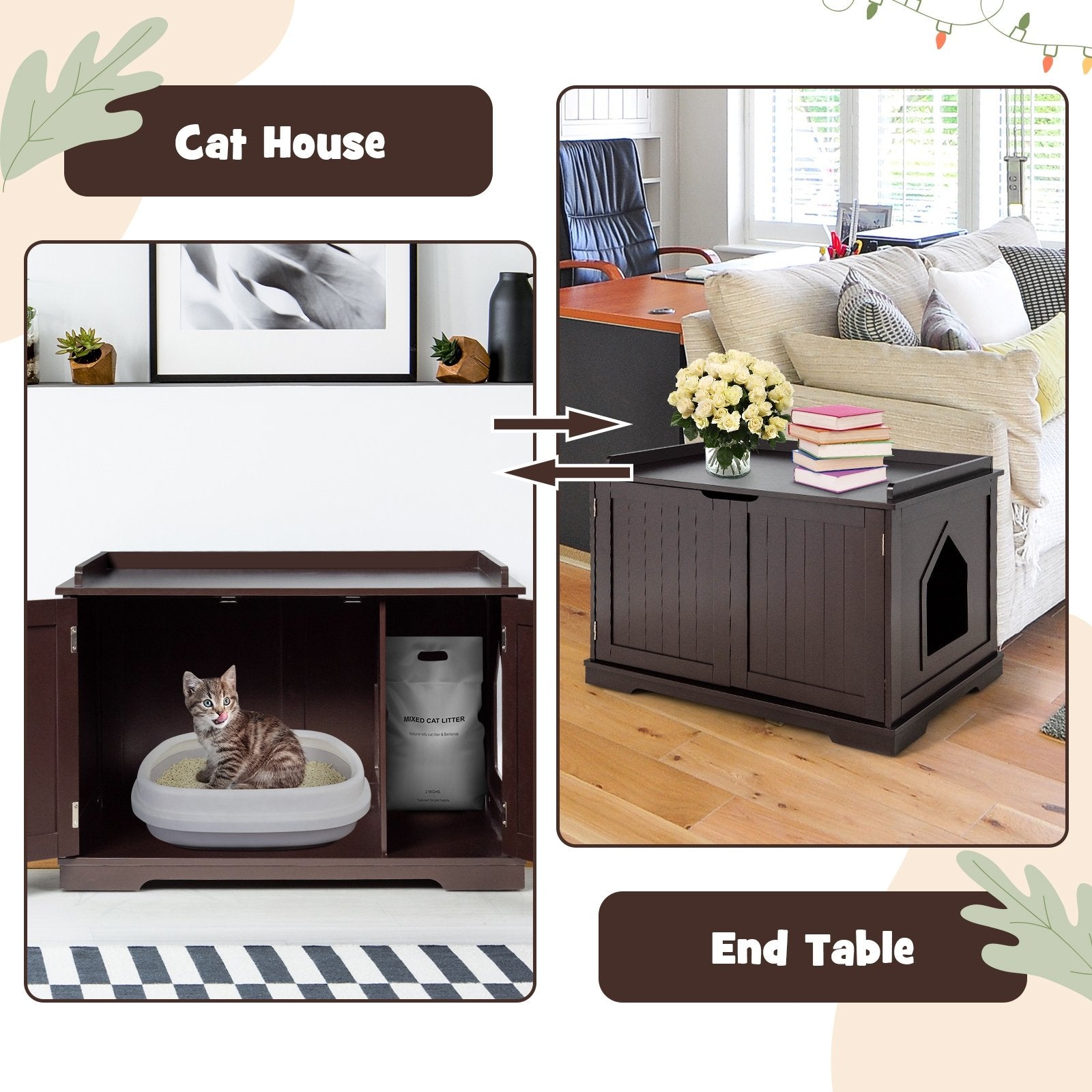 Cat Litter Box Enclosure with Double Doors for Large Cat and Kitty, Brown Cat Houses   at Gallery Canada