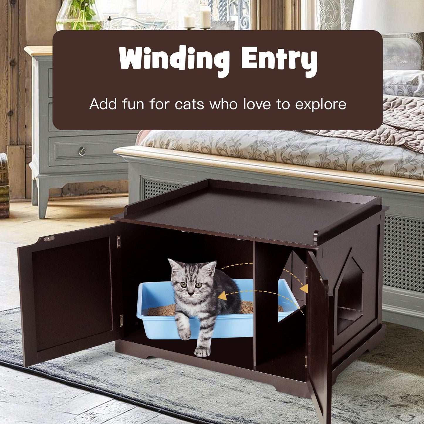 Cat Litter Box Enclosure with Double Doors for Large Cat and Kitty, Brown Cat Houses   at Gallery Canada