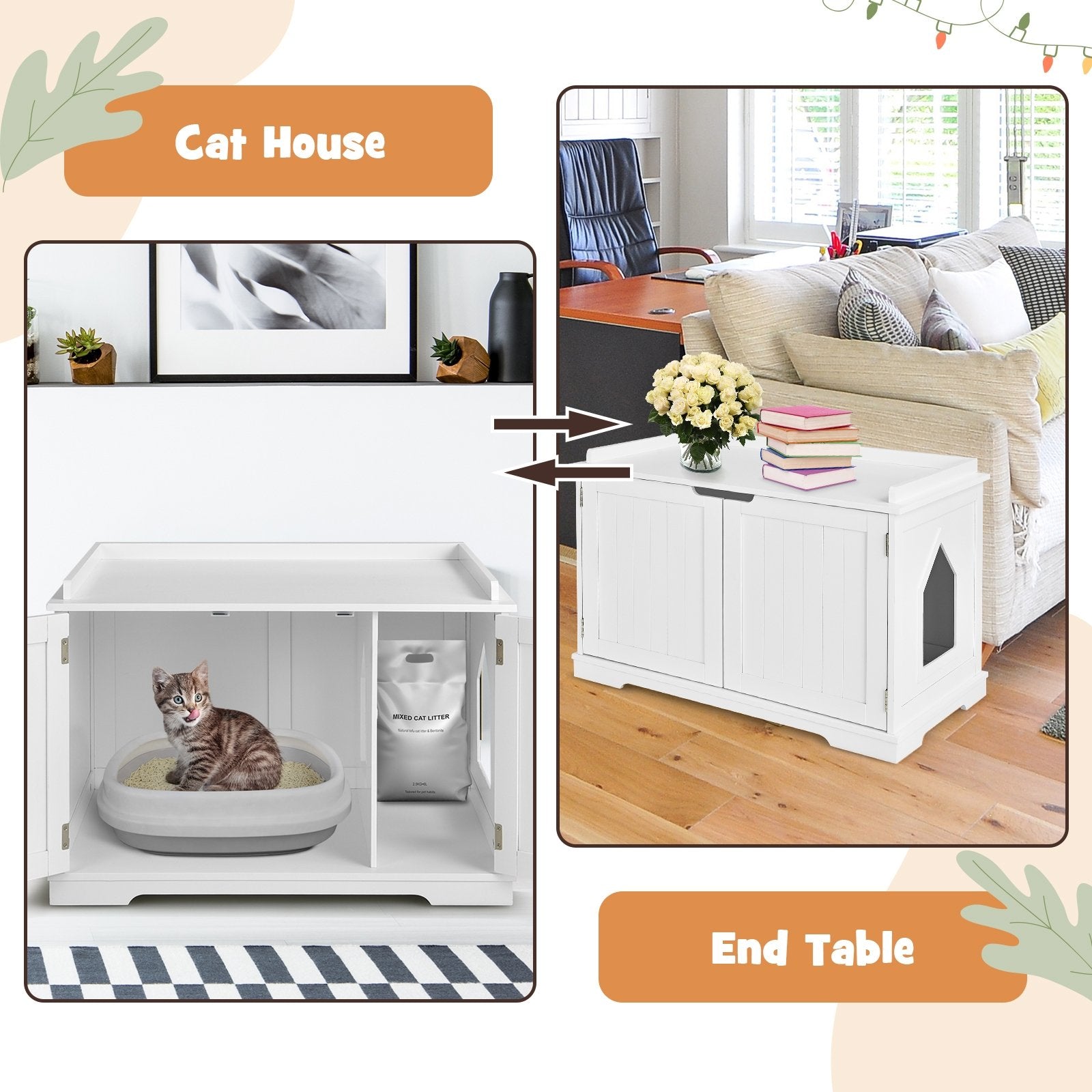 Cat Litter Box Enclosure with Double Doors for Large Cat and Kitty, White Cat Houses   at Gallery Canada