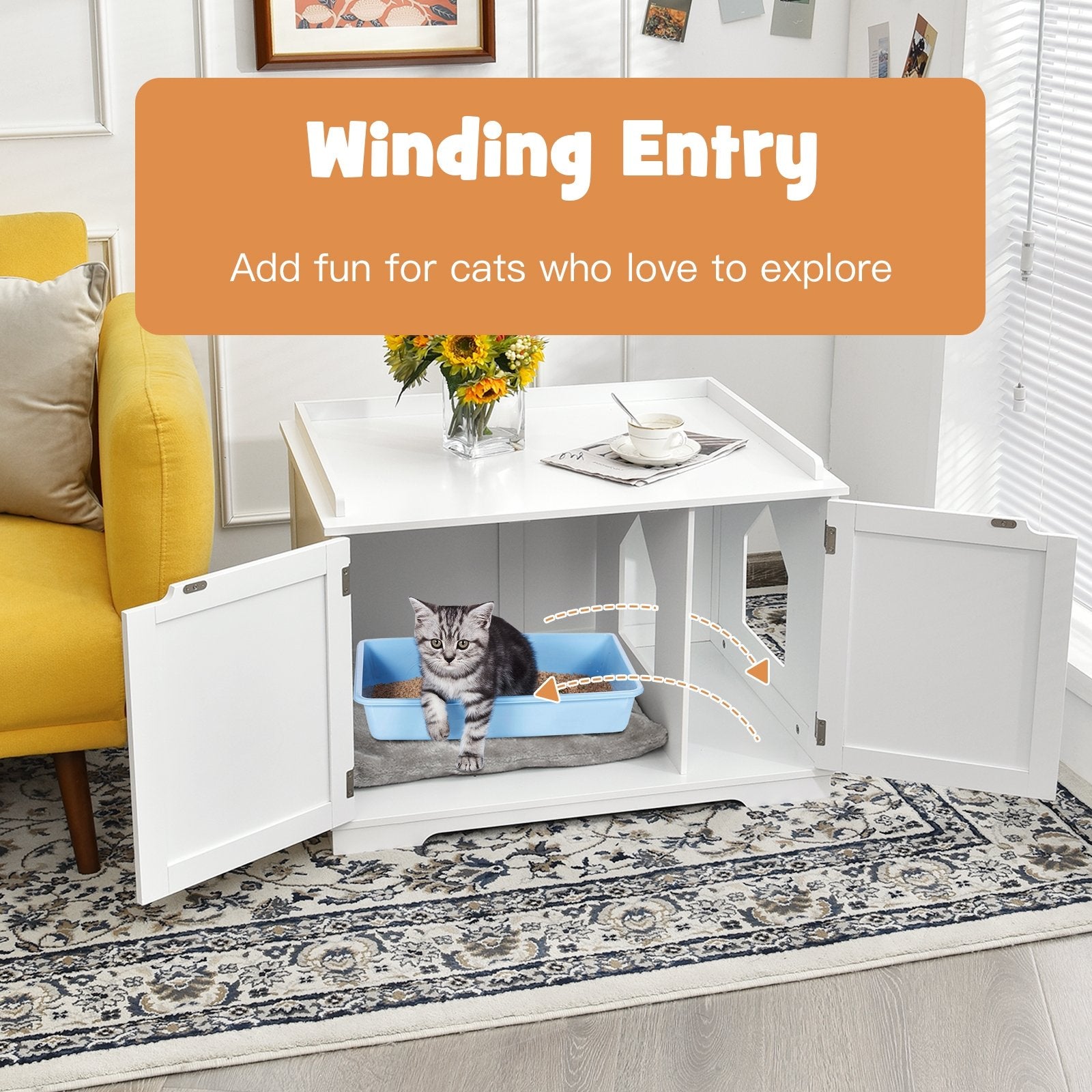 Cat Litter Box Enclosure with Double Doors for Large Cat and Kitty, White Cat Houses   at Gallery Canada