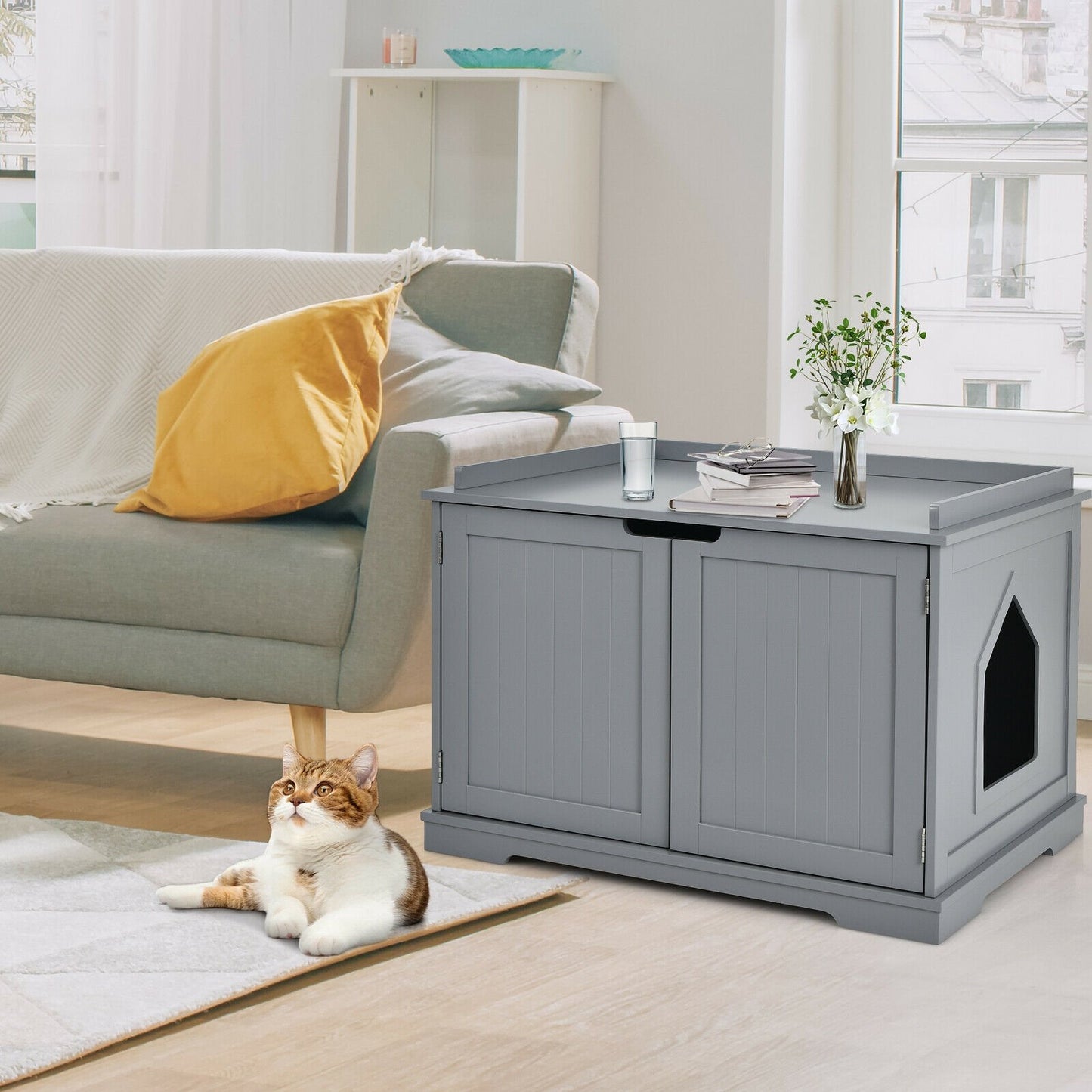 Cat Litter Box Enclosure with Double Doors for Large Cat and Kitty, Gray Cat Houses   at Gallery Canada