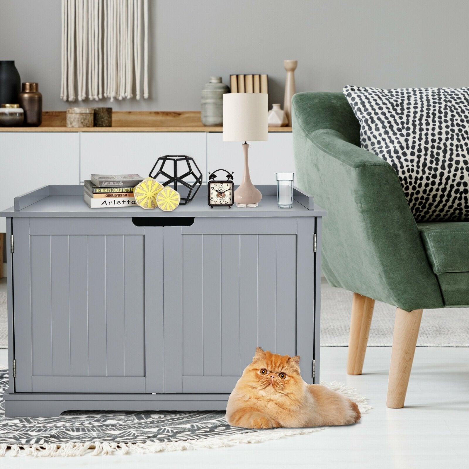 Cat Litter Box Enclosure with Double Doors for Large Cat and Kitty, Gray Cat Houses   at Gallery Canada