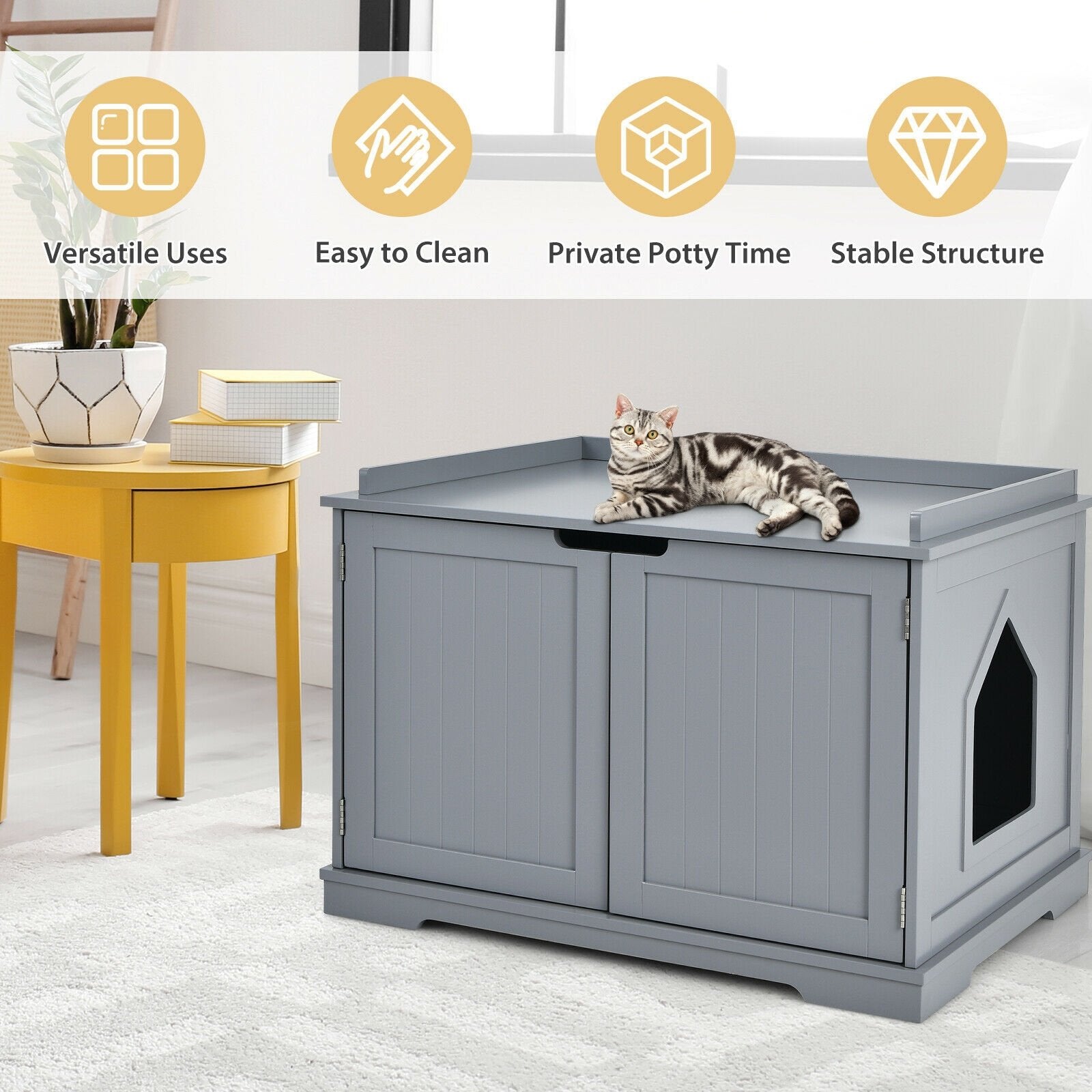 Cat Litter Box Enclosure with Double Doors for Large Cat and Kitty, Gray Cat Houses   at Gallery Canada