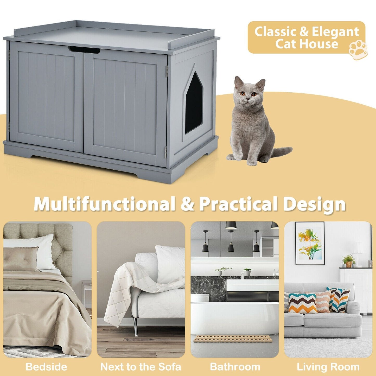 Cat Litter Box Enclosure with Double Doors for Large Cat and Kitty, Gray - Gallery Canada