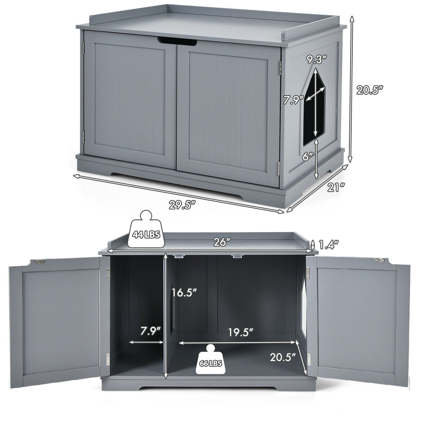 Cat Litter Box Enclosure with Double Doors for Large Cat and Kitty, Gray Cat Houses   at Gallery Canada