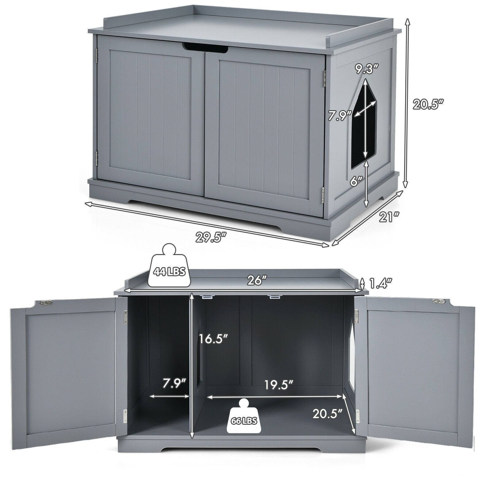 Cat Litter Box Enclosure with Double Doors for Large Cat and Kitty, Gray - Gallery Canada