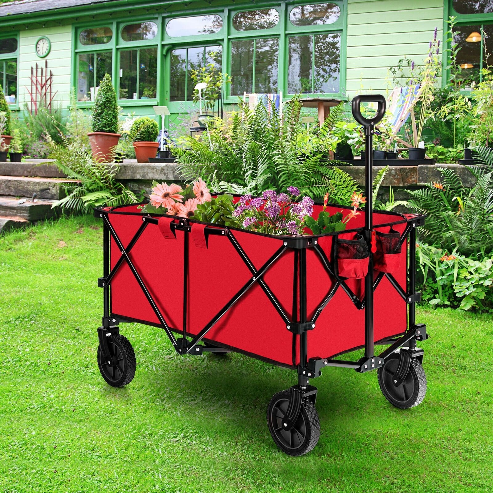 Outdoor Folding Wagon Cart with Adjustable Handle and Universal Wheels, Red Garden Carts   at Gallery Canada