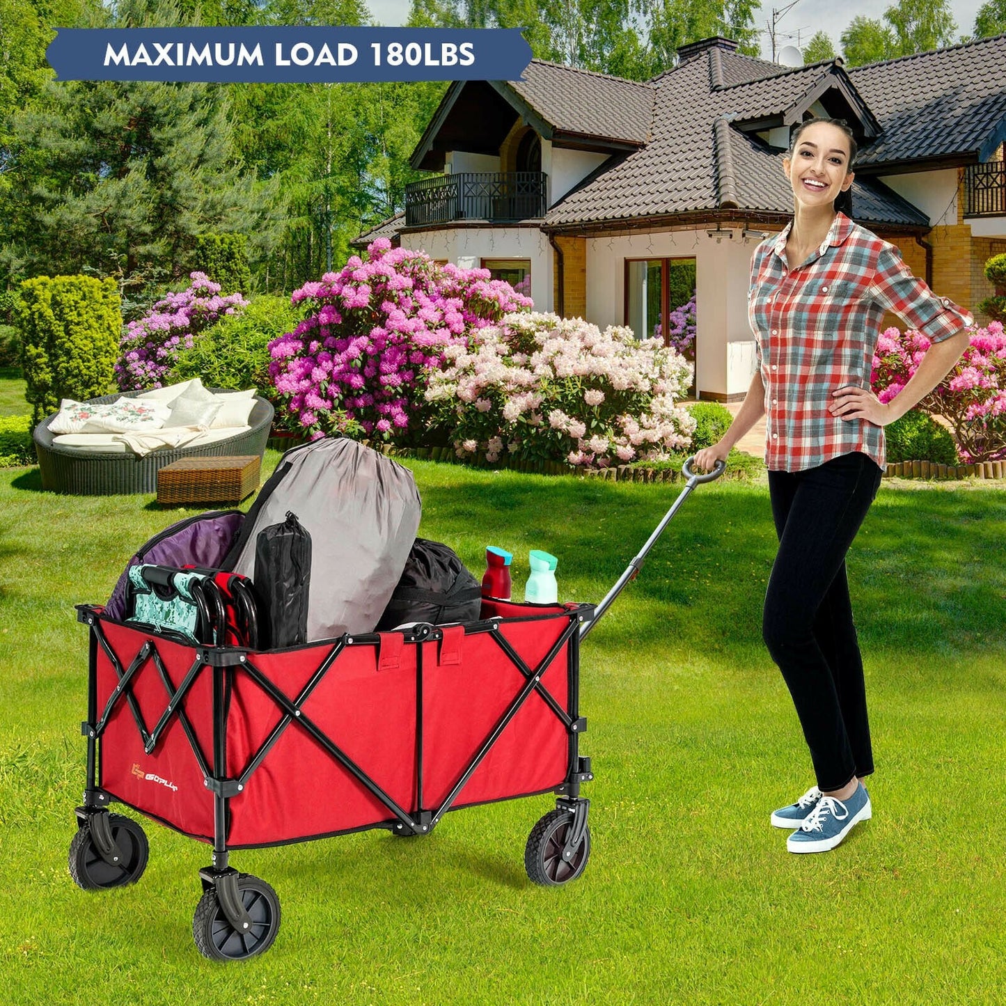 Outdoor Folding Wagon Cart with Adjustable Handle and Universal Wheels, Red Garden Carts   at Gallery Canada