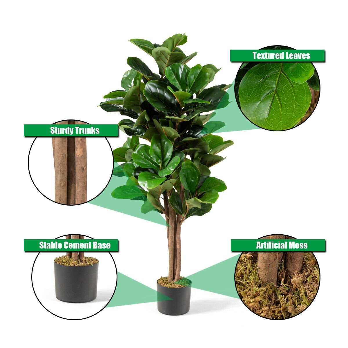 4 Feet Artificial Fiddle Leaf Fig Tree Decorative Planter, Green Faux Plants   at Gallery Canada