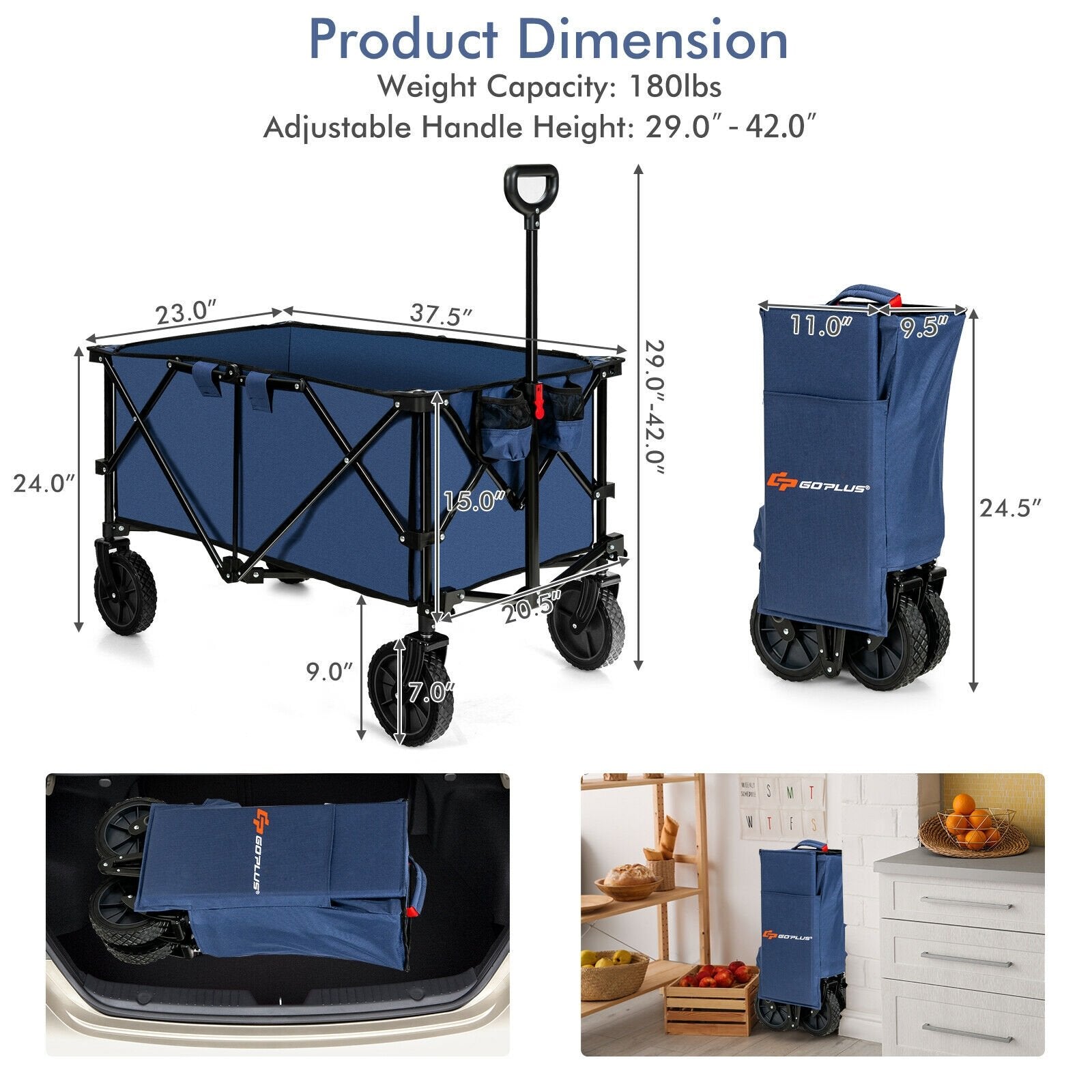 Outdoor Folding Wagon Cart with Adjustable Handle and Universal Wheels, Navy - Gallery Canada