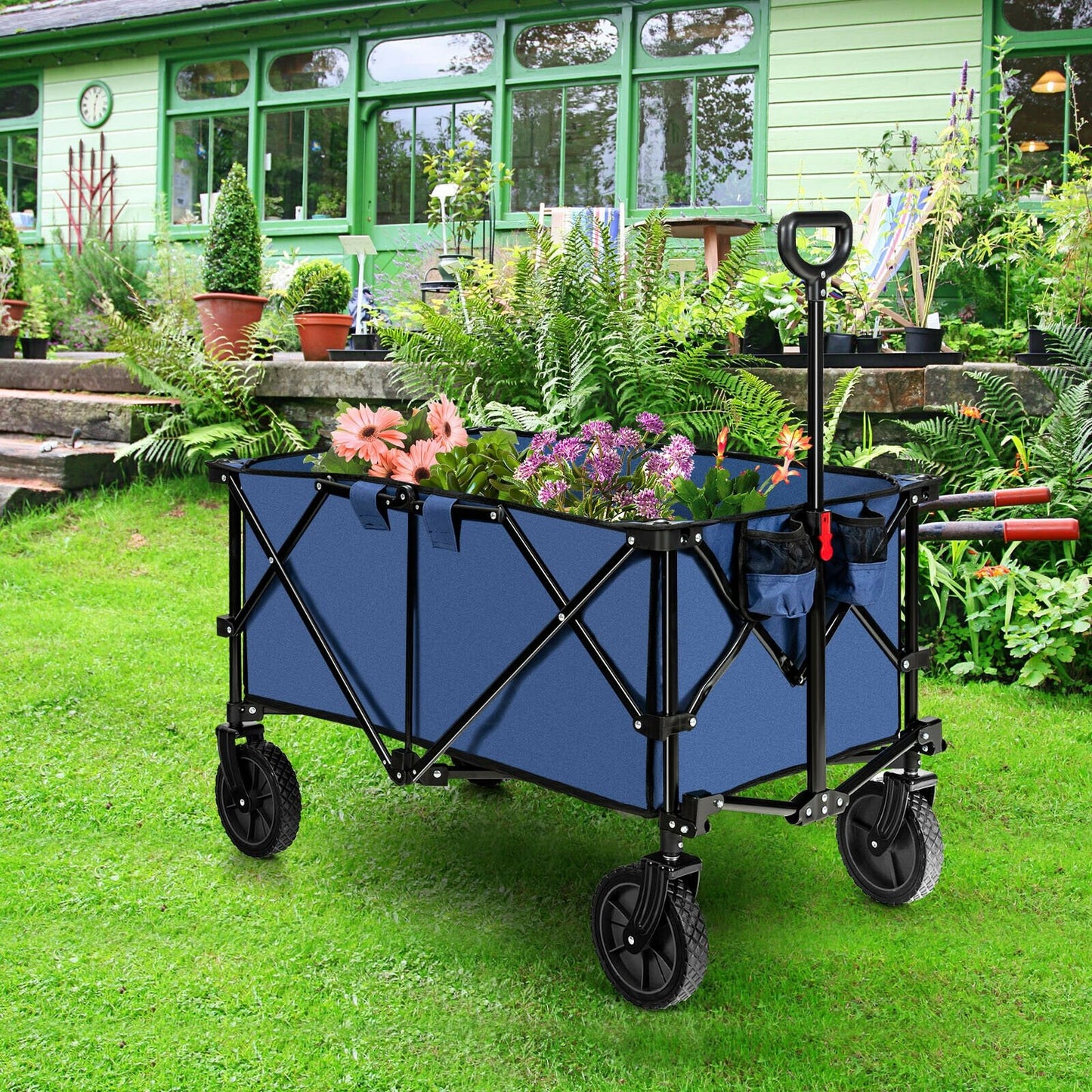 Outdoor Folding Wagon Cart with Adjustable Handle and Universal Wheels, Navy - Gallery Canada