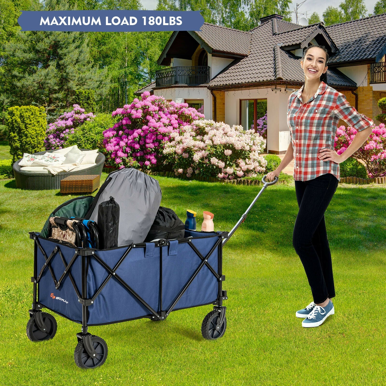 Outdoor Folding Wagon Cart with Adjustable Handle and Universal Wheels, Navy Garden Carts at Gallery Canada