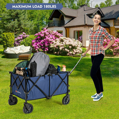 Outdoor Folding Wagon Cart with Adjustable Handle and Universal Wheels, Navy - Gallery Canada