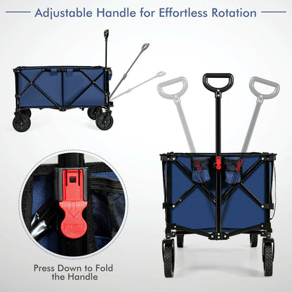 Outdoor Folding Wagon Cart with Adjustable Handle and Universal Wheels, Navy - Gallery Canada