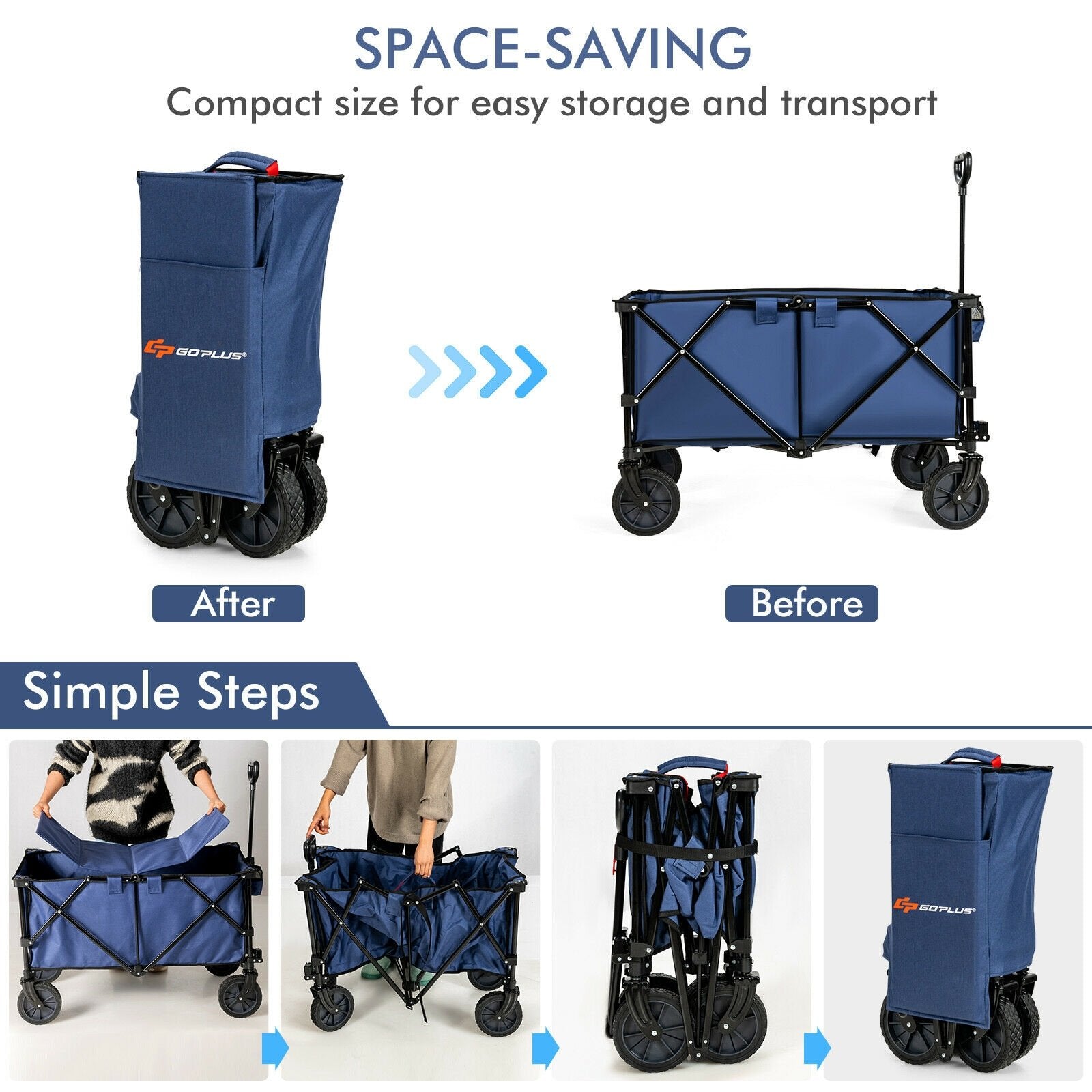 Outdoor Folding Wagon Cart with Adjustable Handle and Universal Wheels, Navy Garden Carts   at Gallery Canada