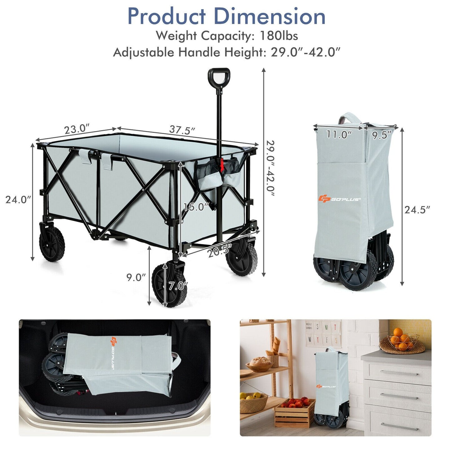 Outdoor Folding Wagon Cart with Adjustable Handle and Universal Wheels, Gray Garden Carts   at Gallery Canada