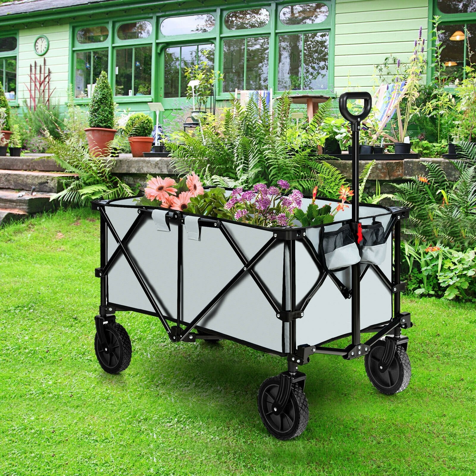 Outdoor Folding Wagon Cart with Adjustable Handle and Universal Wheels, Gray Garden Carts   at Gallery Canada