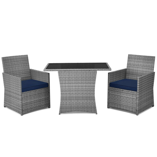 3 Pieces Patio Rattan Furniture Set with Cushioned Armrest Sofa, Navy