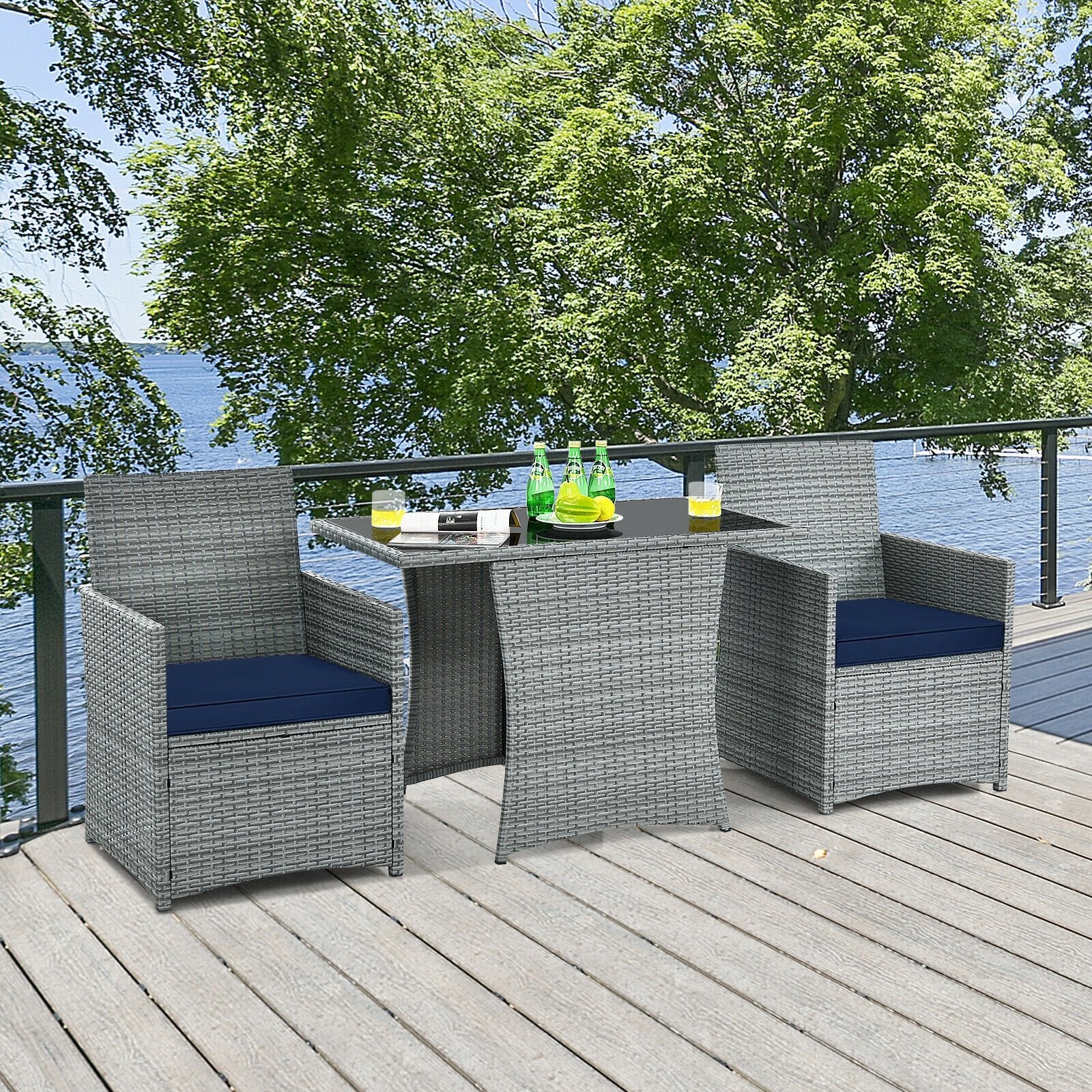 3 Pieces Patio Rattan Furniture Set with Cushioned Armrest Sofa, Navy Patio Conversation Sets   at Gallery Canada