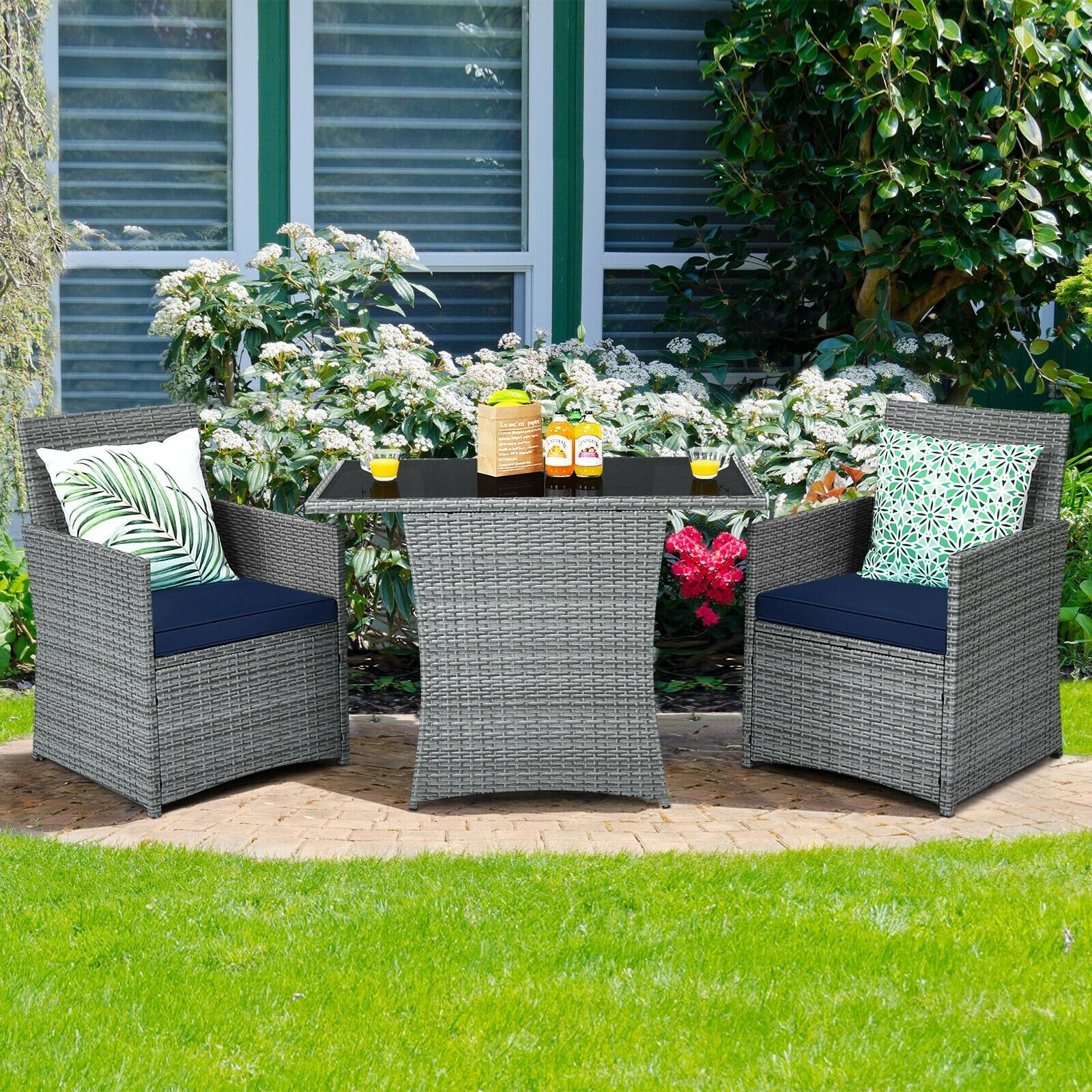 3 Pieces Patio Rattan Furniture Set with Cushioned Armrest Sofa, Navy Patio Conversation Sets   at Gallery Canada