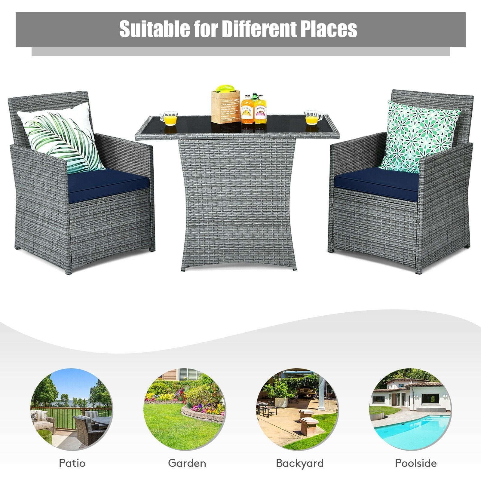 3 Pieces Patio Rattan Furniture Set with Cushioned Armrest Sofa, Navy Patio Conversation Sets   at Gallery Canada