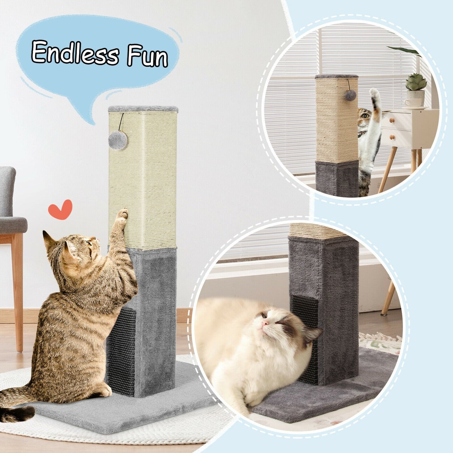 31 inch Tall Cat Scratching Post Claw Scratcher with Sisal Rope and 2 plush Ball, Gray - Gallery Canada