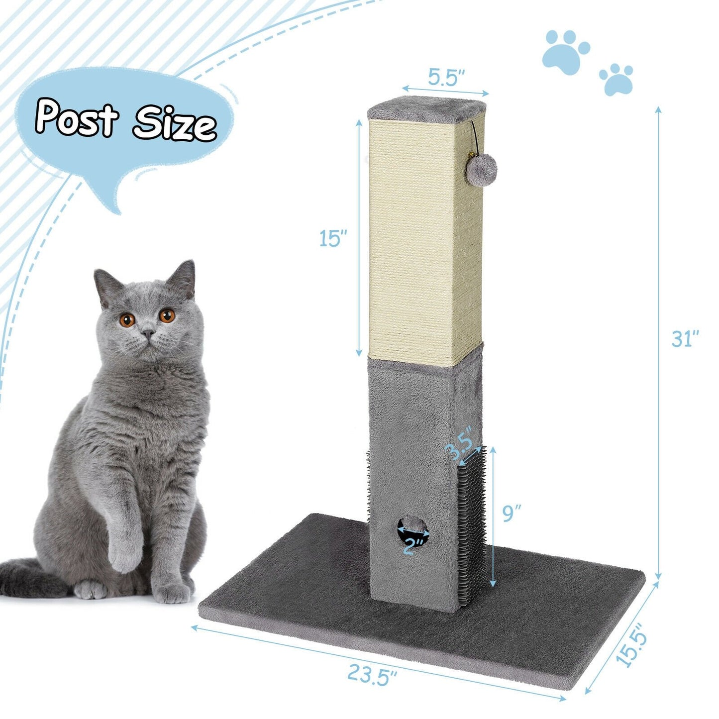 31 inch Tall Cat Scratching Post Claw Scratcher with Sisal Rope and 2 plush Ball, Gray - Gallery Canada