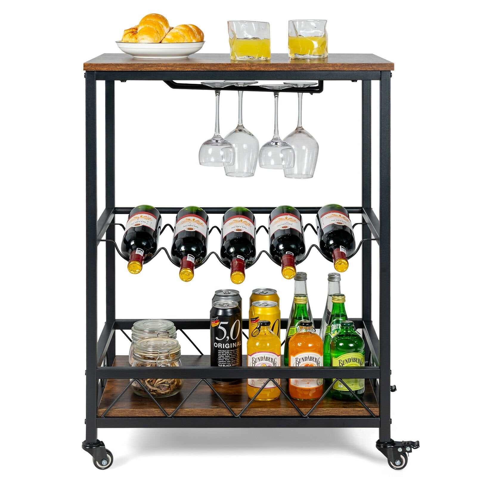 Kitchen Bar Cart Serving Trolley on Wheels with Wine Rack Glass Holder, Rustic Brown Baker's Racks   at Gallery Canada