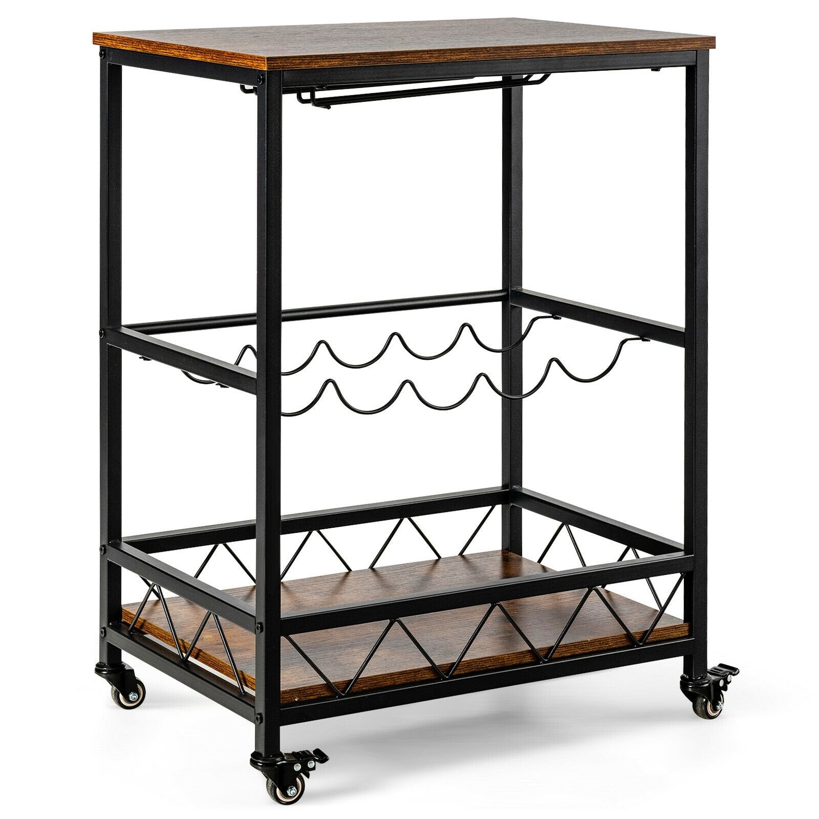 Kitchen Bar Cart Serving Trolley on Wheels with Wine Rack Glass Holder, Rustic Brown Baker's Racks   at Gallery Canada