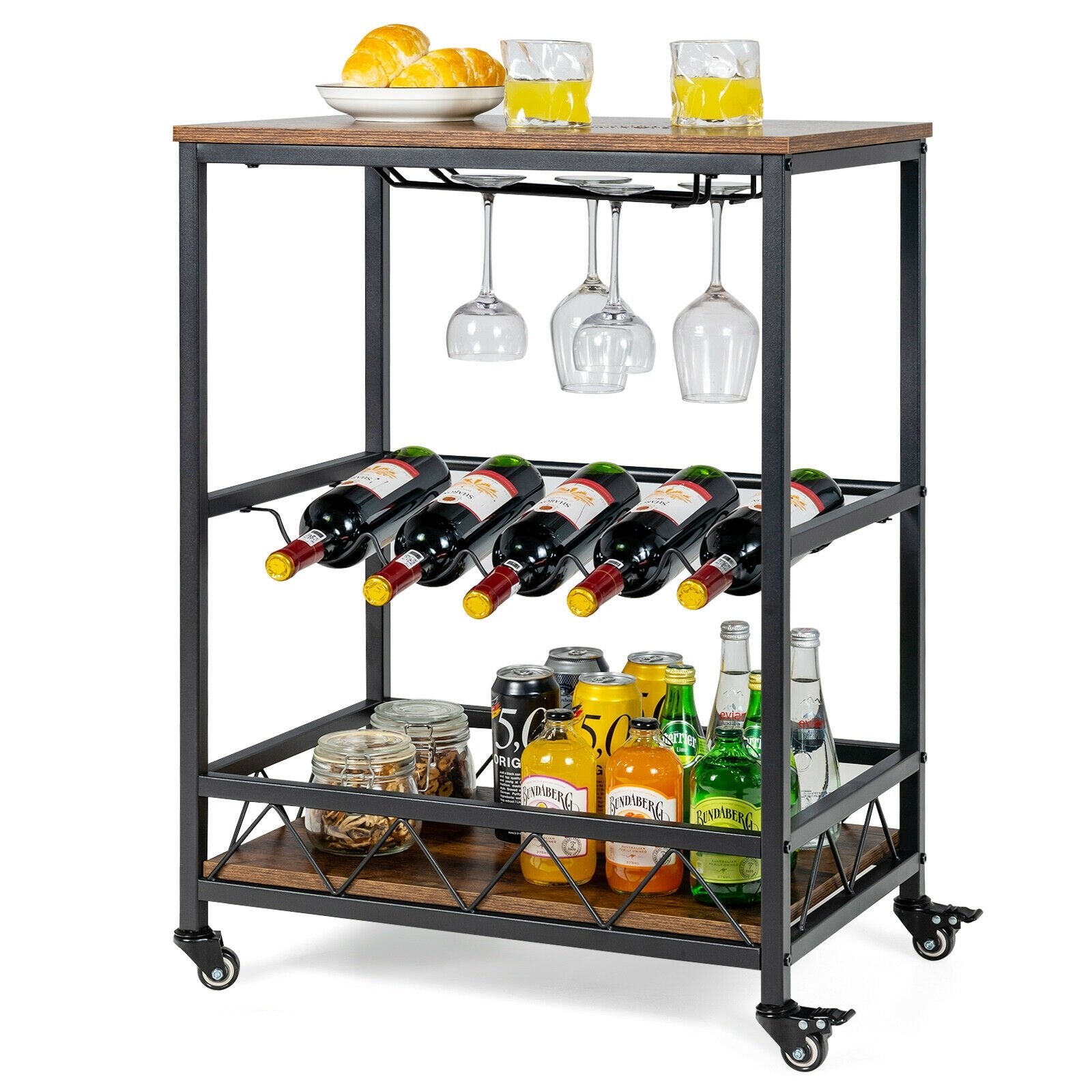 Kitchen Bar Cart Serving Trolley on Wheels with Wine Rack Glass Holder, Rustic Brown Baker's Racks   at Gallery Canada