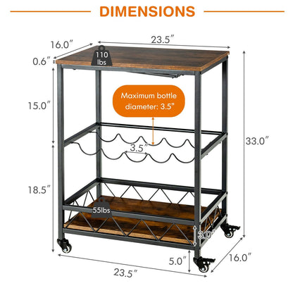 Kitchen Bar Cart Serving Trolley on Wheels with Wine Rack Glass Holder, Rustic Brown Baker's Racks   at Gallery Canada