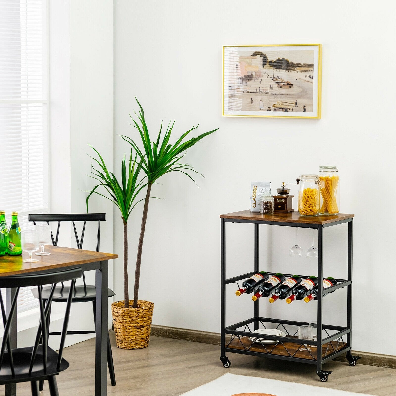 Kitchen Bar Cart Serving Trolley on Wheels with Wine Rack Glass Holder, Rustic Brown Baker's Racks   at Gallery Canada