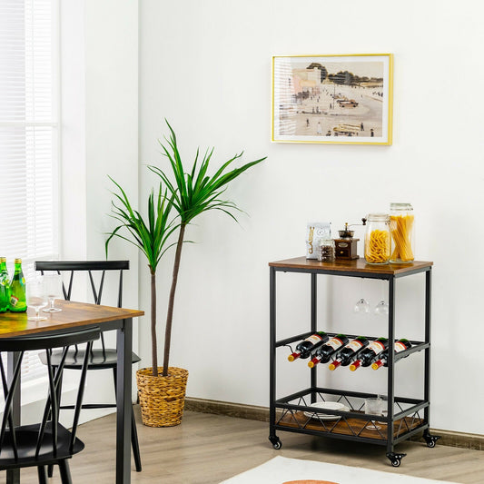 Kitchen Bar Cart Serving Trolley on Wheels with Wine Rack Glass Holder, Rustic Brown Baker's Racks   at Gallery Canada