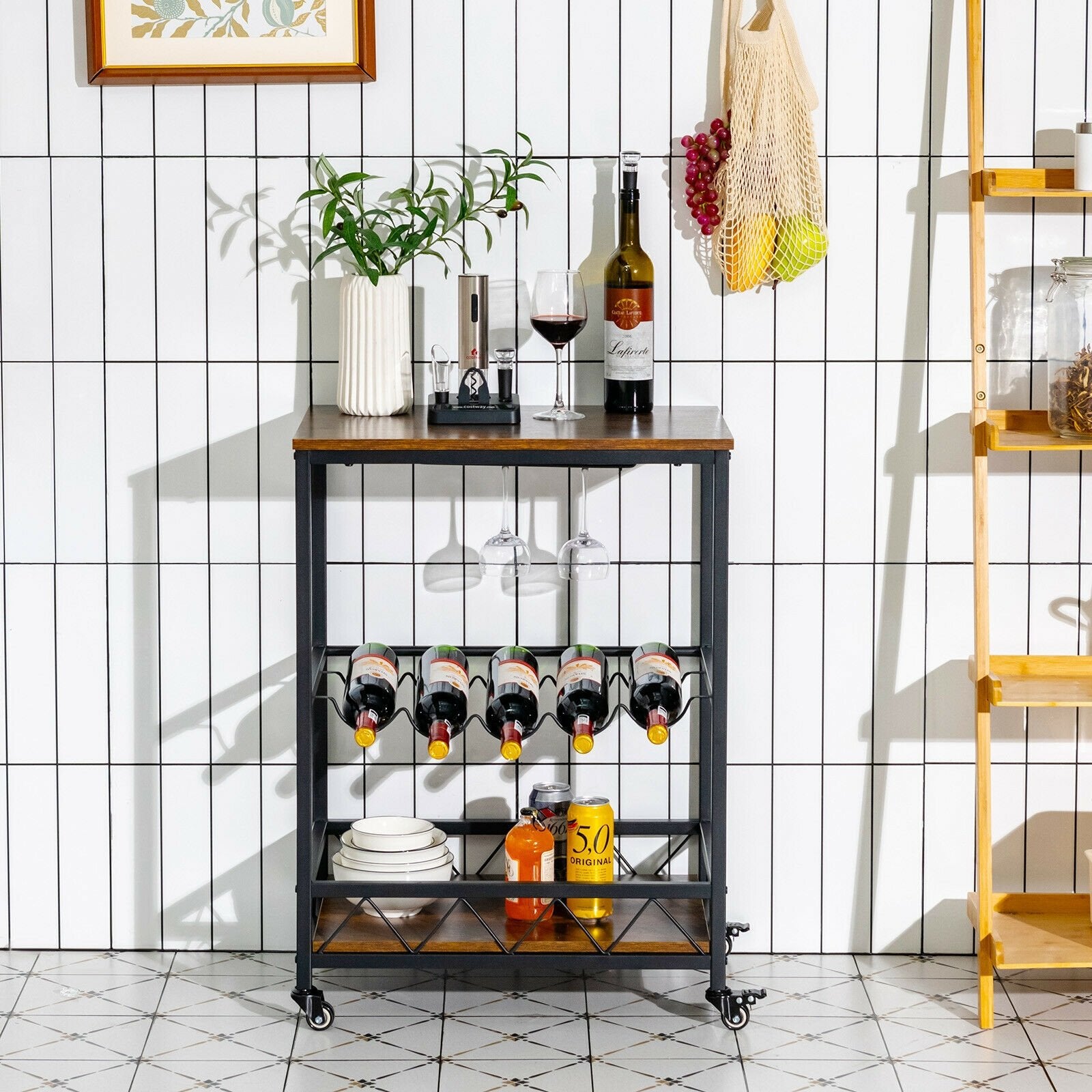 Kitchen Bar Cart Serving Trolley on Wheels with Wine Rack Glass Holder, Rustic Brown Baker's Racks   at Gallery Canada