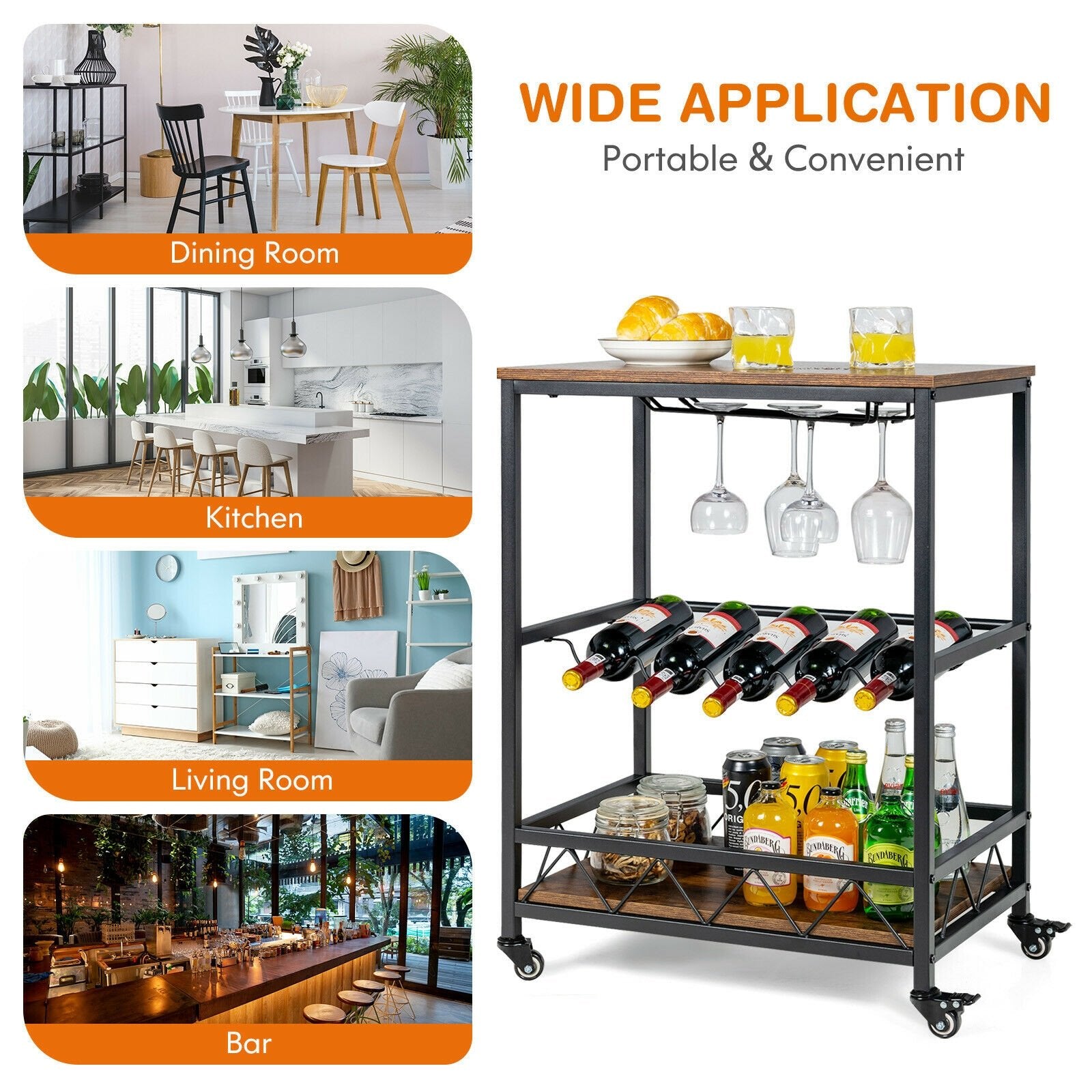 Kitchen Bar Cart Serving Trolley on Wheels with Wine Rack Glass Holder, Rustic Brown Baker's Racks   at Gallery Canada